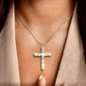 New Italo Jewelry Cross Pendant Necklace White Sapphire Gems Sterling Silver 17”